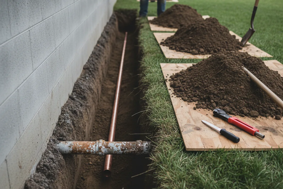 Excavated water line trench during Water Heater Repair in Chevy Chase